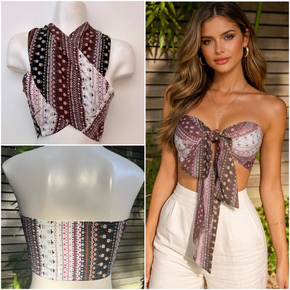 Multicolored Floral Adjustable Wrap & Tie Bandeau Crop top Festival Beach Summer